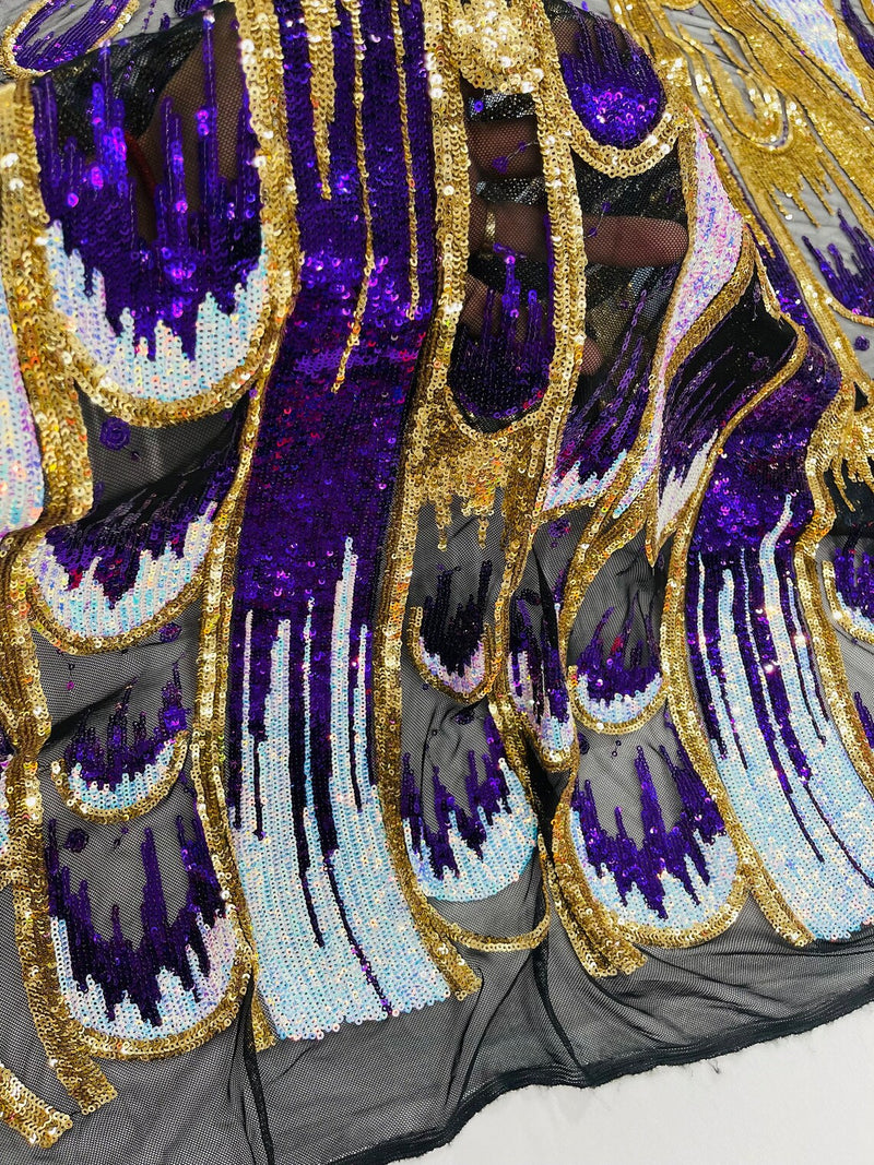 Olivia Sequins Design - Purple / Aqua / Gold - 4 Way Stretch Multi Color Sequin Fabric on Mesh Sold By Yard