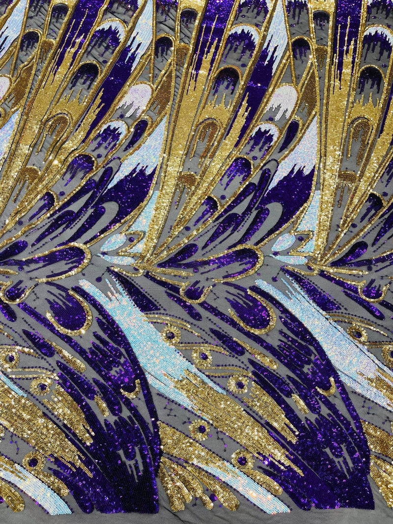 Olivia Sequins Design - Purple / Aqua / Gold - 4 Way Stretch Multi Color Sequin Fabric on Mesh Sold By Yard