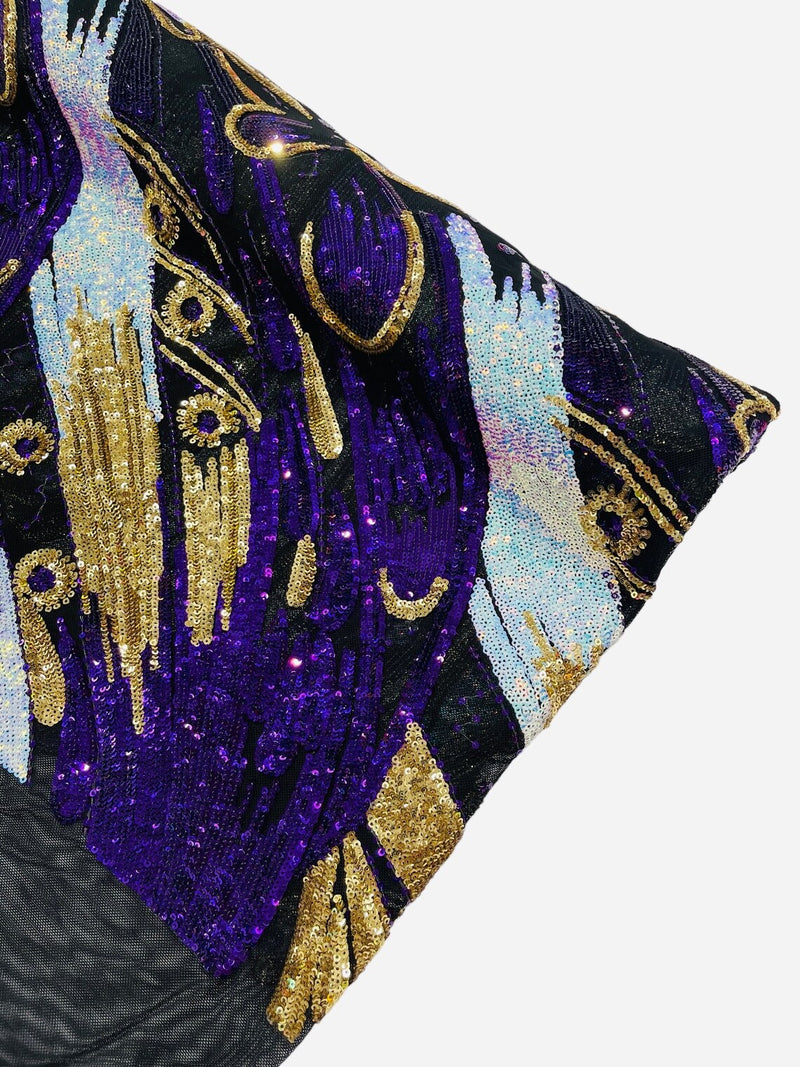 Olivia Sequins Design - Purple / Aqua / Gold - 4 Way Stretch Multi Color Sequin Fabric on Mesh Sold By Yard