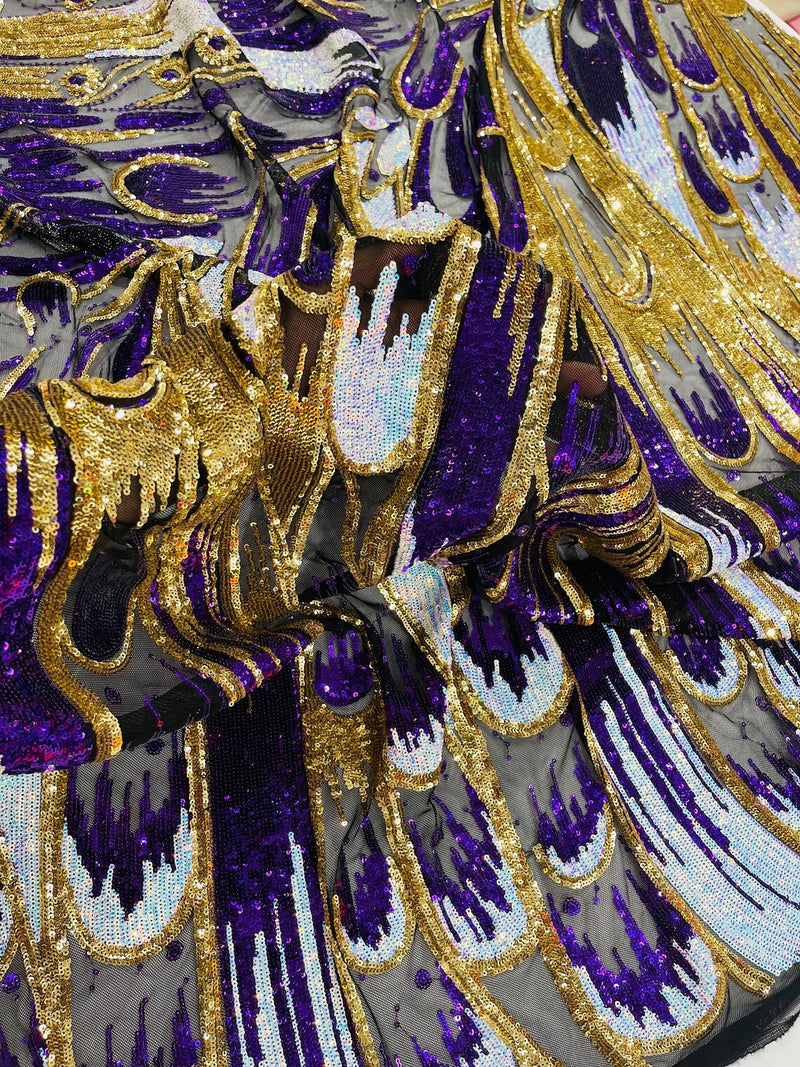 Olivia Sequins Design - Purple / Aqua / Gold - 4 Way Stretch Multi Color Sequin Fabric on Mesh Sold By Yard