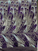 Olivia Sequins Design - Purple / Aqua / Silver - 4 Way Stretch Multi Color Sequin Fabric on Mesh Sold By Yard