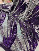 Olivia Sequins Design - Purple / Aqua / Silver - 4 Way Stretch Multi Color Sequin Fabric on Mesh Sold By Yard