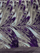 Olivia Sequins Design - Purple / Aqua / Silver - 4 Way Stretch Multi Color Sequin Fabric on Mesh Sold By Yard