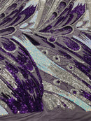 Olivia Sequins Design - Purple / Aqua / Silver - 4 Way Stretch Multi Color Sequin Fabric on Mesh Sold By Yard