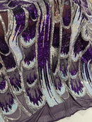 Olivia Sequins Design - Purple / Aqua / Silver - 4 Way Stretch Multi Color Sequin Fabric on Mesh Sold By Yard