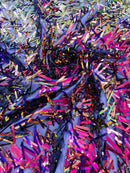 Sword Shaped Sequins - Purple Iridescent - Hanging Iridescent Sequins On Mesh Fabric By Yard