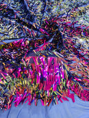 Sword Shaped Sequins - Purple Iridescent - Hanging Iridescent Sequins On Mesh Fabric By Yard