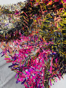 Sword Shaped Sequins - Purple Iridescent on Black - Hanging Iridescent Sequins On Mesh Fabric By Yard