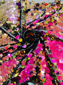 Oval Jumbo Paillette Sequins - Purple Iridescent on Black - Big Oval Paillette Sequins Design Fabric By Yard