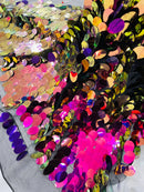 Oval Jumbo Paillette Sequins - Purple Iridescent on Black - Big Oval Paillette Sequins Design Fabric By Yard