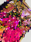 Oval Jumbo Paillette Sequins - Purple Iridescent on Black - Big Oval Paillette Sequins Design Fabric By Yard