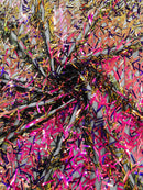 Sword Shaped Sequins - Purple Iridescent on Black - Hanging Iridescent Sequins On Mesh Fabric By Yard