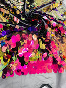 Oval Jumbo Paillette Sequins - Purple Iridescent on Black - Big Oval Paillette Sequins Design Fabric By Yard