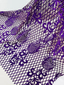 Damask Diamond Net Lace Fabric - Purple on Skin Mesh - Damask Design Embroidered on Lace Mesh Fabric by Yard