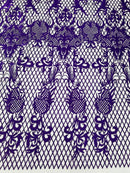 Damask Diamond Net Lace Fabric - Purple on Skin Mesh - Damask Design Embroidered on Lace Mesh Fabric by Yard
