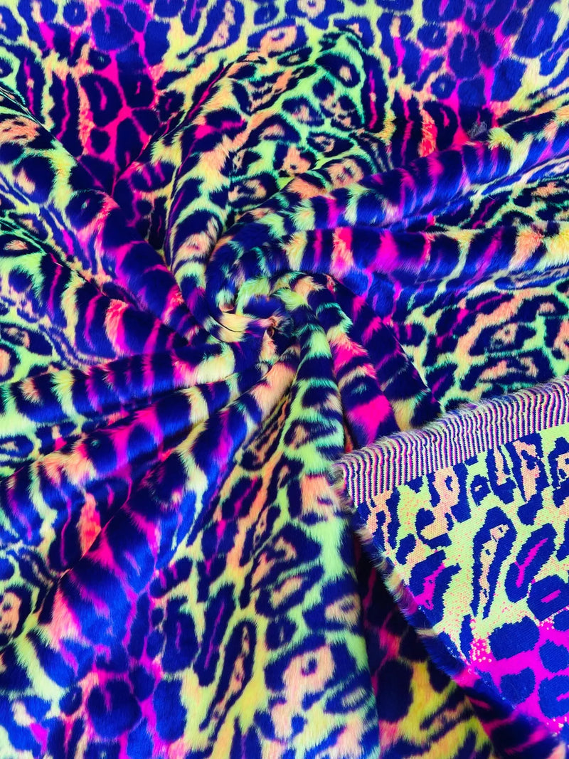 60" Multi-Color Leopard Print Fur Fabric - Purple / Orange / Pink / Green - Faux Fur Fabric By Yard