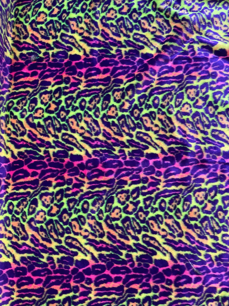 60" Multi-Color Leopard Print Fur Fabric - Purple / Orange / Pink / Green - Faux Fur Fabric By Yard