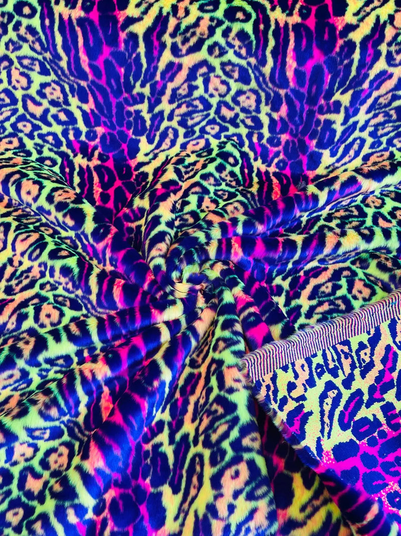 60" Multi-Color Leopard Print Fur Fabric - Purple / Orange / Pink / Green - Faux Fur Fabric By Yard