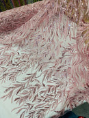 Pink Beaded Fabric by the yard, Bridal beaded, Damask Pattern With Beads and Sequin