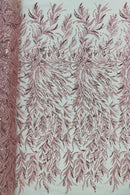 Pink Beaded Fabric by the yard, Bridal beaded, Damask Pattern With Beads and Sequin