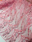 Pink Floral Design Beads & Sequins, Lace Beaded Floral & Leaf Embroidered Lace