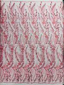 Pink Floral Design Beads & Sequins, Lace Beaded Floral & Leaf Embroidered Lace