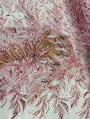 Pink Beaded Fabric by the yard, Bridal beaded, Damask Pattern With Beads and Sequin