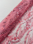 Pink Floral Design Beads & Sequins, Lace Beaded Floral & Leaf Embroidered Lace