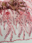 Pink Floral Design Beads & Sequins, Lace Beaded Floral & Leaf Embroidered Lace