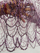Plum Luxury Beaded Pattern Fabric by the yard, Embroidery Beaded Lace Fabric