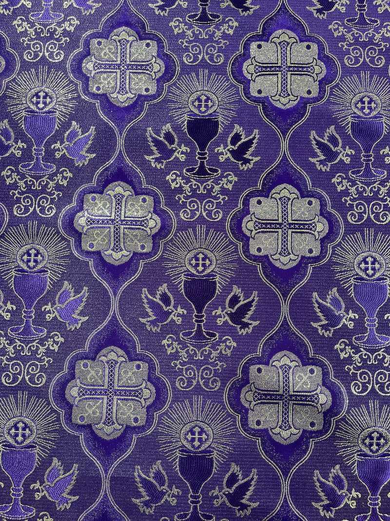 58/60" Church Vestment Brocade Fabric - Jacquard Cross and Doves Print Church Vestment By Yard