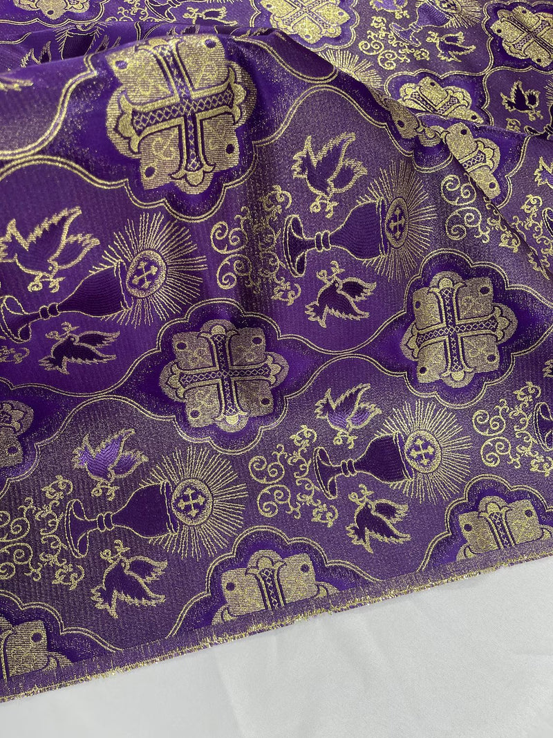 58/60" Church Vestment Brocade Fabric - Jacquard Cross and Doves Print Church Vestment By Yard