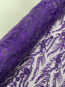 Purple Floral Design Beads & Sequins, Lace Beaded Floral & Leaf Embroidered Lace
