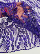 Purple Floral Design Beads & Sequins, Lace Beaded Floral & Leaf Embroidered Lace