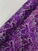 Purple Silver Glitter Snake Design Shattered Glass Nylon Spandex Fabric By Yard, Snake Flocking Hologram, Glitter Snake Nylon Spandex