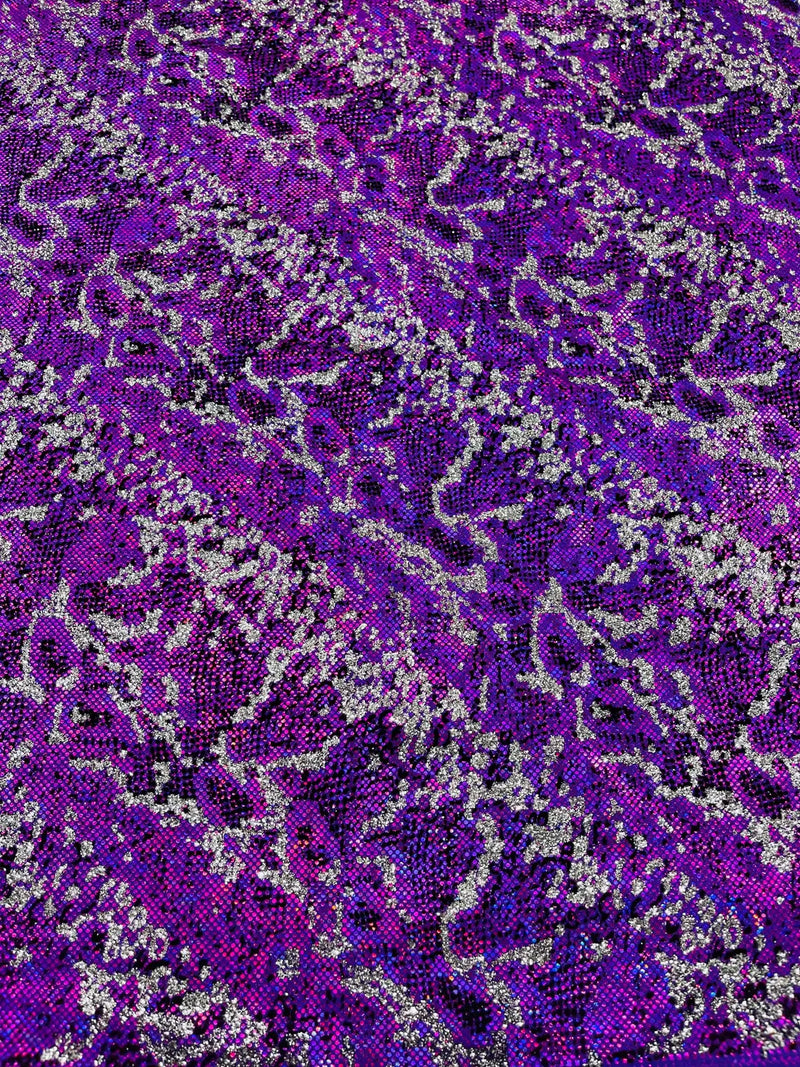 Purple Silver Glitter Snake Design Shattered Glass Nylon Spandex Fabric By Yard, Snake Flocking Hologram, Glitter Snake Nylon Spandex