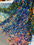 Sword Shaped Sequins - Rainbow Iridescent - Hanging Iridescent Sequins On Mesh Fabric By Yard