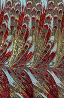 Olivia Sequins Design - Red / Gold / Aqua - 4 Way Stretch Multi Color Sequin Fabric on Mesh Sold By Yard