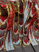 Olivia Sequins Design - Red / Gold / Aqua - 4 Way Stretch Multi Color Sequin Fabric on Mesh Sold By Yard