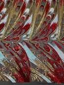 Olivia Sequins Design - Red / Gold / Aqua - 4 Way Stretch Multi Color Sequin Fabric on Mesh Sold By Yard