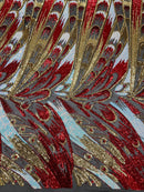 Olivia Sequins Design - Red / Gold / Aqua - 4 Way Stretch Multi Color Sequin Fabric on Mesh Sold By Yard