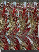 Olivia Sequins Design - Red / Gold / Aqua - 4 Way Stretch Multi Color Sequin Fabric on Mesh Sold By Yard