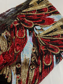 Olivia Sequins Design - Red / Gold / Aqua - 4 Way Stretch Multi Color Sequin Fabric on Mesh Sold By Yard