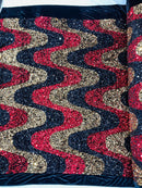 Wavy Line Design Velvet Sequins - Red / Gold / Black - Velvet Sequins Fabric 2 Way Stretch 58"/60" Yard