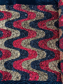 Wavy Line Design Velvet Sequins - Red / Gold / Black - Velvet Sequins Fabric 2 Way Stretch 58"/60" Yard