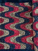 Wavy Line Design Velvet Sequins - Red / Gold / Black - Velvet Sequins Fabric 2 Way Stretch 58"/60" Yard