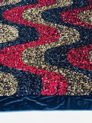 Wavy Line Design Velvet Sequins - Red / Gold / Black - Velvet Sequins Fabric 2 Way Stretch 58"/60" Yard