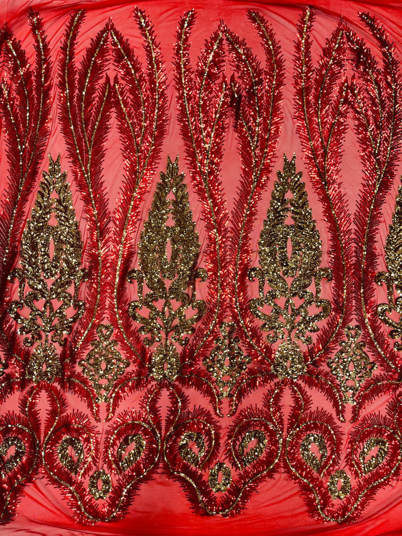 Palm Leaf Damask Sequins - Red / Gold - 4 Way Stretch Sequins Leaf Design Fabric By Yard