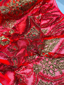 Palm Leaf Damask Sequins - Red / Gold - 4 Way Stretch Sequins Leaf Design Fabric By Yard