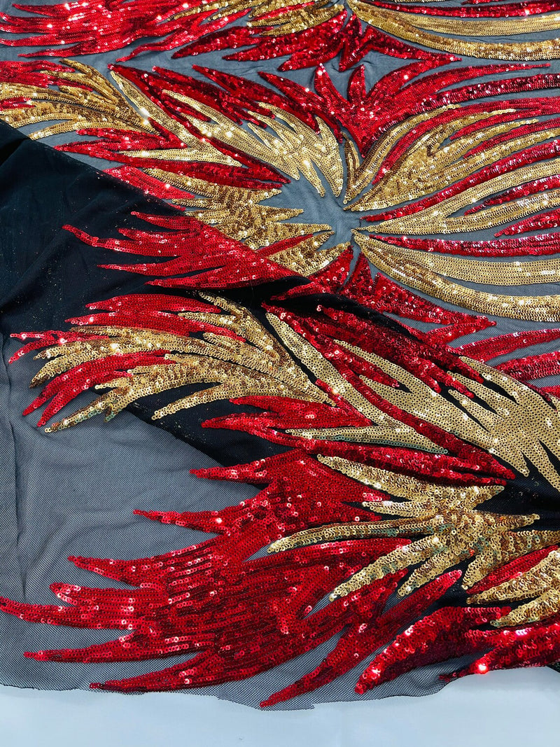 Angel Wings Sequins Fabric - Red / Gold- 4 Way Stretch Feather Wings Sequins Design By Yard